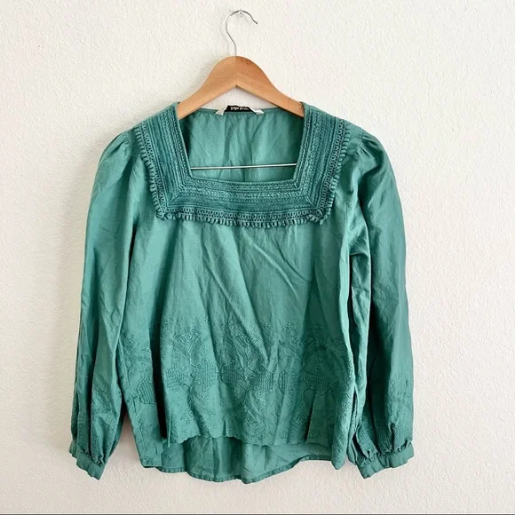 Zara Teal Square Neck Embroidered Blouse Sz M - Picture 1 of 6